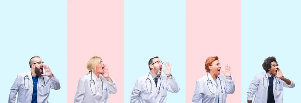 Collage Group Professionals Doctors Wearing Medical Uniform Isolated Background Shouting — Stock Photo, Image