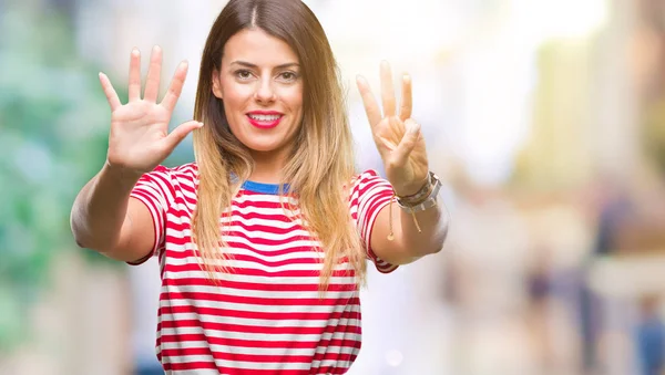 Jeune Belle Femme Look Décontracté Sur Fond Isolé Montrant Pointant — Photo