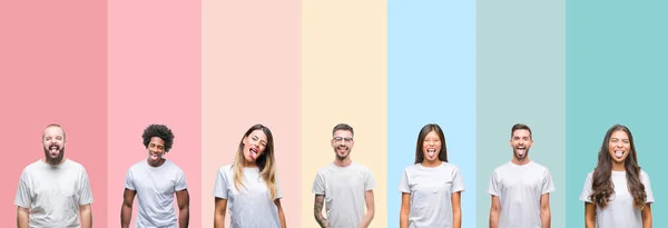 Colagem Diferentes Etnias Jovens Vestindo Shirt Branca Sobre Fundo Colorido — Fotografia de Stock