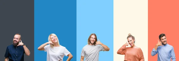 Collage Casual Young People Colorful Stripes Isolated Background Smiling Doing — Stock Photo, Image