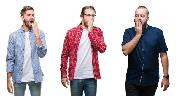 Collage Einer Gruppe Junger Männer Vor Weißem Isoliertem Hintergrund Gelangweilt — Stockfoto