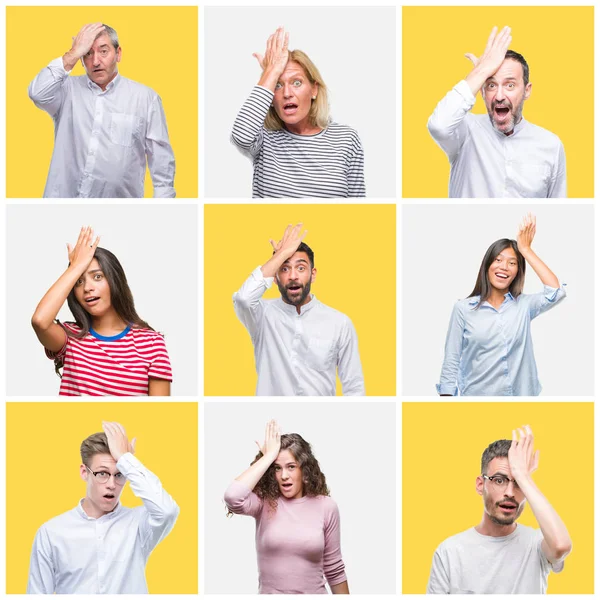 Collage of group of young and senior people over yellow isolated background surprised with hand on head for mistake, remember error. Forgot, bad memory concept.