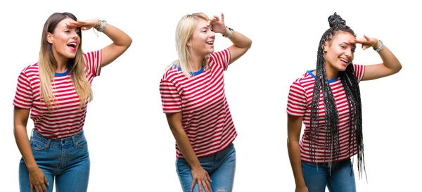 Collage Young Women Wearing Stripes Shirt Isolated Background Very Happy — Stock Photo, Image