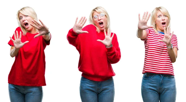 Collage Van Mooie Blonde Vrouw Dragen Casual Rood Geïsoleerde Achtergrond — Stockfoto