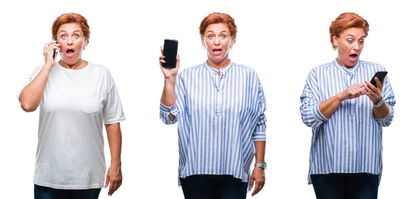 Collage Mujer Mayor Mediana Edad Usando Teléfono Inteligente Sobre Fondo — Foto de Stock