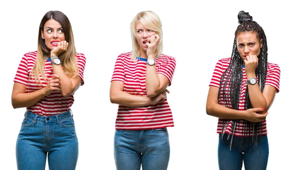 Collage Unga Kvinnor Som Bär Randig Shirt Över Isolerade Bakgrund — Stockfoto