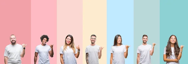 Collage Verschiedener Ethnien Junger Menschen Weißem Shirt Vor Buntem Isoliertem — Stockfoto