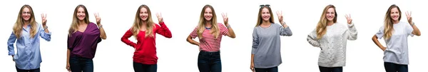 Коллаж Молодой Красивой Блондинки Изолированном Фоне Показывая Показывая Пальцами Номер — стоковое фото