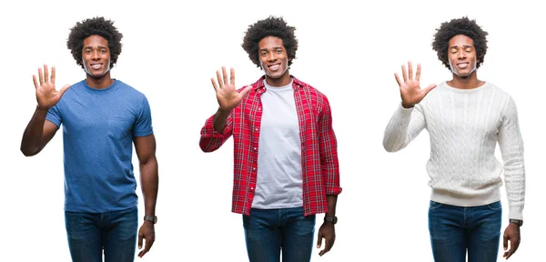 Colagem Afro Americano Jovem Bonito Homem Sobre Fundo Isolado Mostrando — Fotografia de Stock