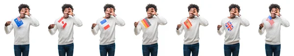 Колаж Афроамериканського Молодого Чоловіка Тримає Прапори Країн Над Ізольованим Тлом — стокове фото