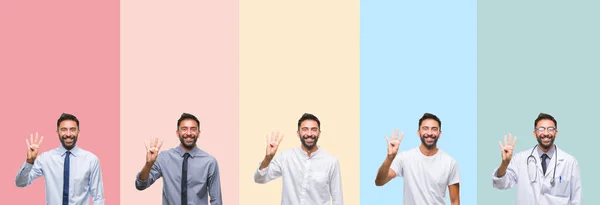 Colagem Homem Bonito Sobre Listras Coloridas Fundo Isolado Mostrando Apontando — Fotografia de Stock