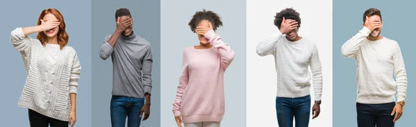 Collage Grupo Personas Afroamericanas Hispanas Con Suéter Invierno Sobre Fondo — Foto de Stock