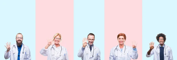 Collage Von Gruppenärzten Medizinischer Uniform Vor Isoliertem Hintergrund Die Finger — Stockfoto