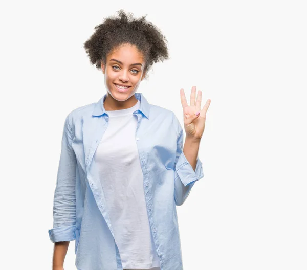 Молодая Афро Американка Изолированном Фоне Показывает Показывает Пальцами Номер Четыре — стоковое фото