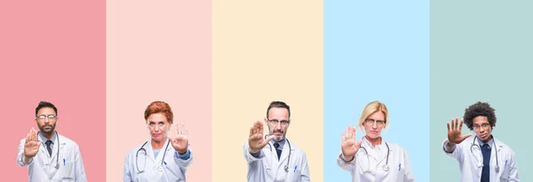 Collage Medici Professionisti Strisce Colorate Sfondo Isolato Facendo Smettere Cantare — Foto Stock