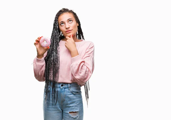 Fiatal Afroamerikai Lány Rózsaszín Fánk Eszik Mint Elszigetelt Háttér Súlyos — Stock Fotó
