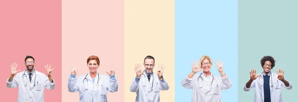 Collage Von Professionellen Ärzten Über Bunten Streifen Isolierten Hintergrund Zeigt — Stockfoto