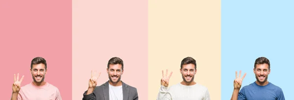 Collage Bel Giovane Strisce Colorate Sfondo Isolato Mostrando Indicando Con — Foto Stock