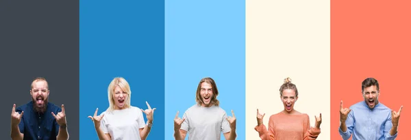 Collage Casual Young People Colorful Stripes Isolated Background Shouting Crazy — Stock Photo, Image