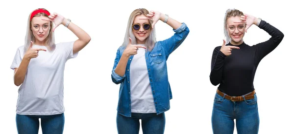 Collage Hermosa Rubia Joven Con Gafas Sobre Fondo Aislado Sonriendo —  Fotos de Stock