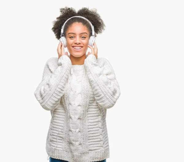 Jonge Afro Amerikaanse Vrouw Hoofdtelefoon Dragen Geïsoleerde Achtergrond Met Een — Stockfoto