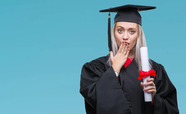 Jeune Femme Blonde Portant Uniforme Diplômé Détenant Diplôme Sur Fond — Photo