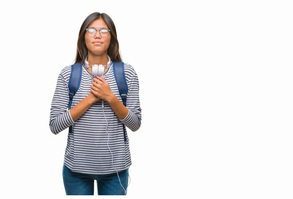 Joven Estudiante Asiática Con Auriculares Mochila Sobre Fondo Aislado Sonriendo —  Fotos de Stock