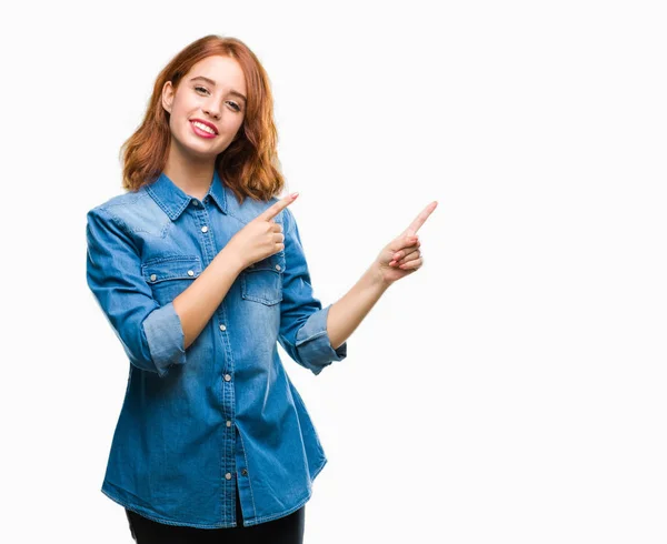 Young Beautiful Woman Isolated Background Smiling Looking Camera Pointing Two — Stock Photo, Image