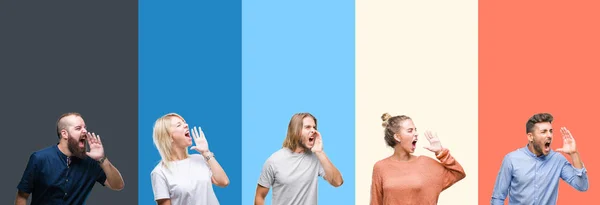 Collage Casual Young People Colorful Stripes Isolated Background Shouting Screaming — Stock Photo, Image