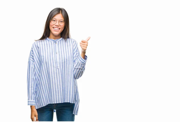 Young Asian Woman Isolated Background Doing Happy Thumbs Gesture Hand — Stock Photo, Image