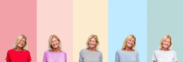 Colagem Meia Idade Sênior Bela Mulher Sobre Listras Coloridas Isolado — Fotografia de Stock