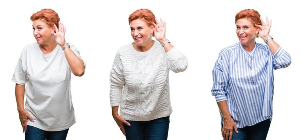 Collage Middle Age Senior Woman White Isolated Background Smiling Hand — Stock Photo, Image