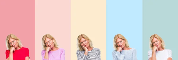 Collage Middle Age Senior Beautiful Woman Colorful Stripes Isolated Background — Stock Photo, Image