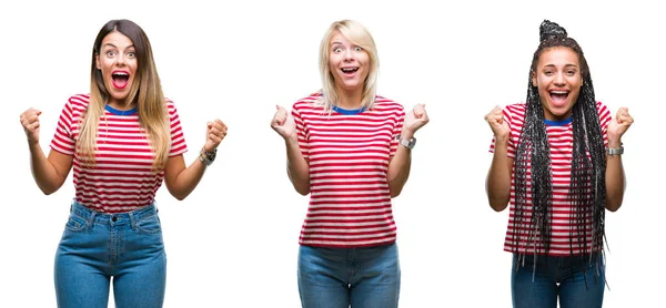 Collage Mujeres Jóvenes Con Camisetas Rayas Sobre Fondo Aislado Celebrando —  Fotos de Stock