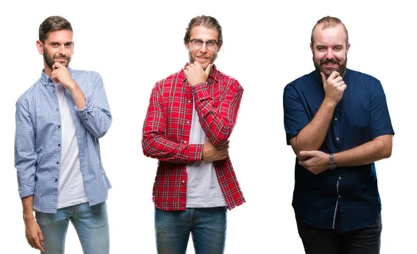 Collage Grupp Unga Män Över Vit Isolerade Bakgrund Ser Självsäker — Stockfoto