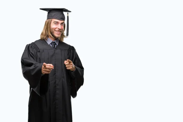 Young Handsome Graduated Man Long Hair Isolated Background Pointing Fingers — Stock Photo, Image