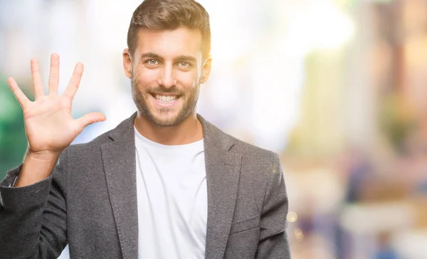 Jonge Knappe Zakenman Geïsoleerde Achtergrond Weergeven Met Vingers Omhoog Nummer — Stockfoto