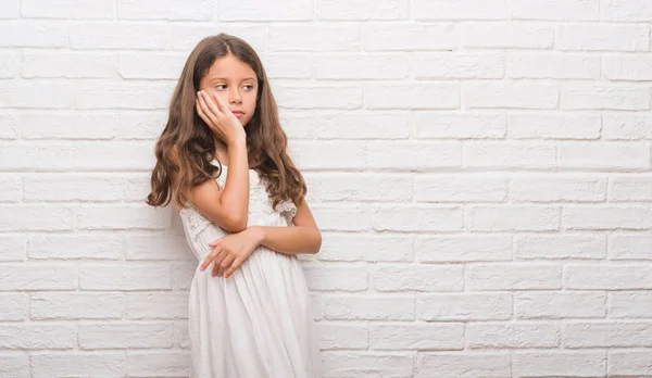 Young Hispanic Kid White Brick Wall Thinking Looking Tired Bored — Stock Photo, Image