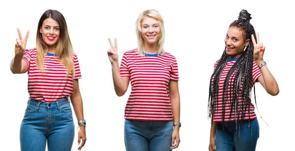 Collage Unga Kvinnor Som Bär Randig Shirt Över Isolerade Bakgrund — Stockfoto