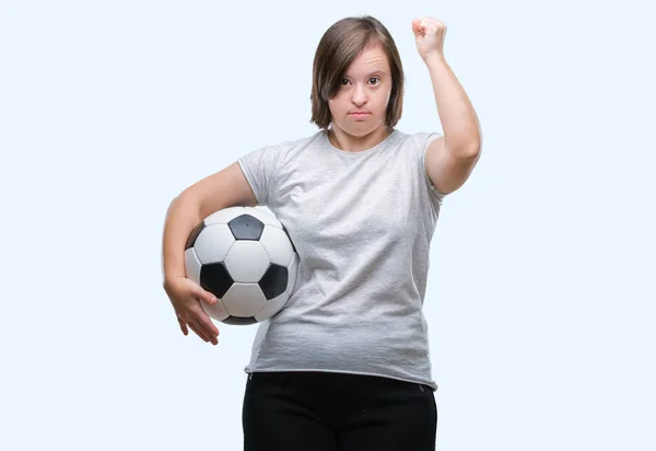 Young Adult Woman Syndrome Holding Soccer Football Ball Isolated Background — Stock Photo, Image