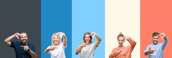 Collage Jóvenes Casuales Sobre Rayas Colores Fondo Aislado Sonriendo Haciendo — Foto de Stock