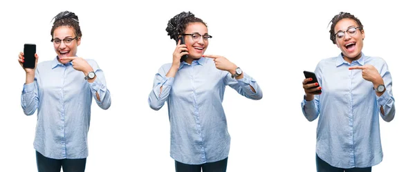 Collage Van Prachtige Afrikaanse Amerikaanse Zakenvrouw Met Smartphone Geïsoleerde Achtergrond — Stockfoto