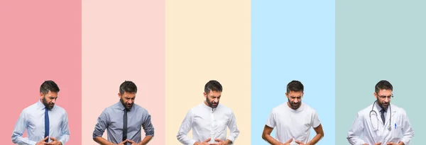 Collage Hombre Guapo Sobre Rayas Colores Fondo Aislado Con Mano — Foto de Stock