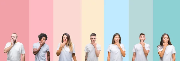 Collage Different Ethnics Young People Wearing White Shirt Colorful Isolated — Stock Photo, Image