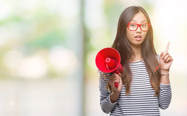 Young Asian Woman Holding Megaphone Isolated Background — Stock Photo, Image