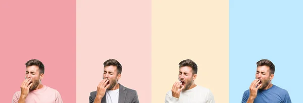 Collage Bel Giovane Strisce Colorate Sfondo Isolato Annoiato Sbadigliando Stanco — Foto Stock