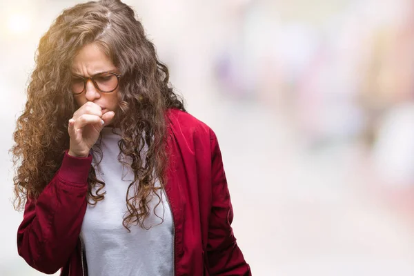 Beautiful Brunette Curly Hair Young Girl Wearing Jacket Glasses Isolated — Stock Photo, Image