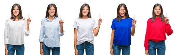 中国亚洲妇女的组成在孤立的背景显示和指向手指第一 同时微笑自信和快乐 — 图库照片
