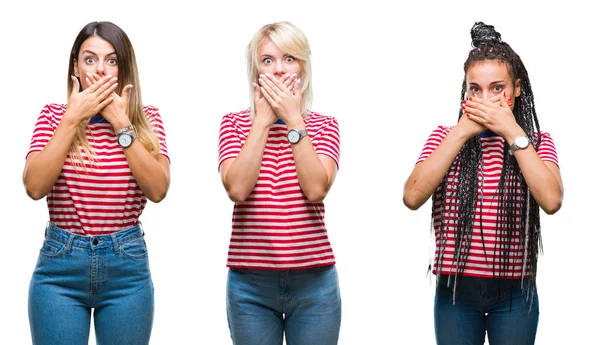 Collage Junger Frauen Die Gestreiftes Shirt Über Isoliertem Hintergrund Tragen — Stockfoto