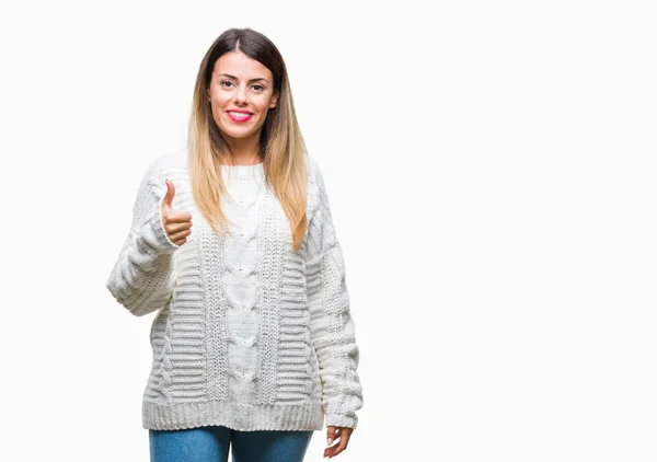 Giovane Bella Donna Casual Maglione Bianco Sfondo Isolato Facendo Pollici — Foto Stock